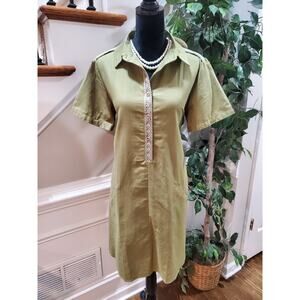 Mordenmiss Green Embroidery 100% Linen Collared Short Sleeve Shirt Dress Size M